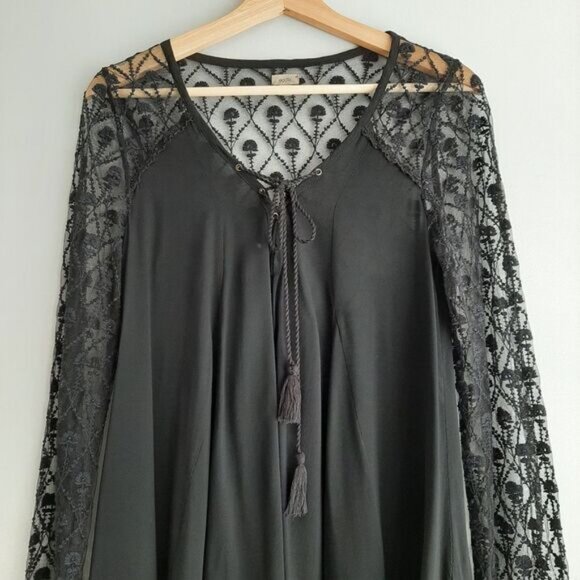 ECOTE Boho Floral Lace Tassel Tie Semi-Sheer Tunic Blouse Black Sz S - Picture 2 of 15